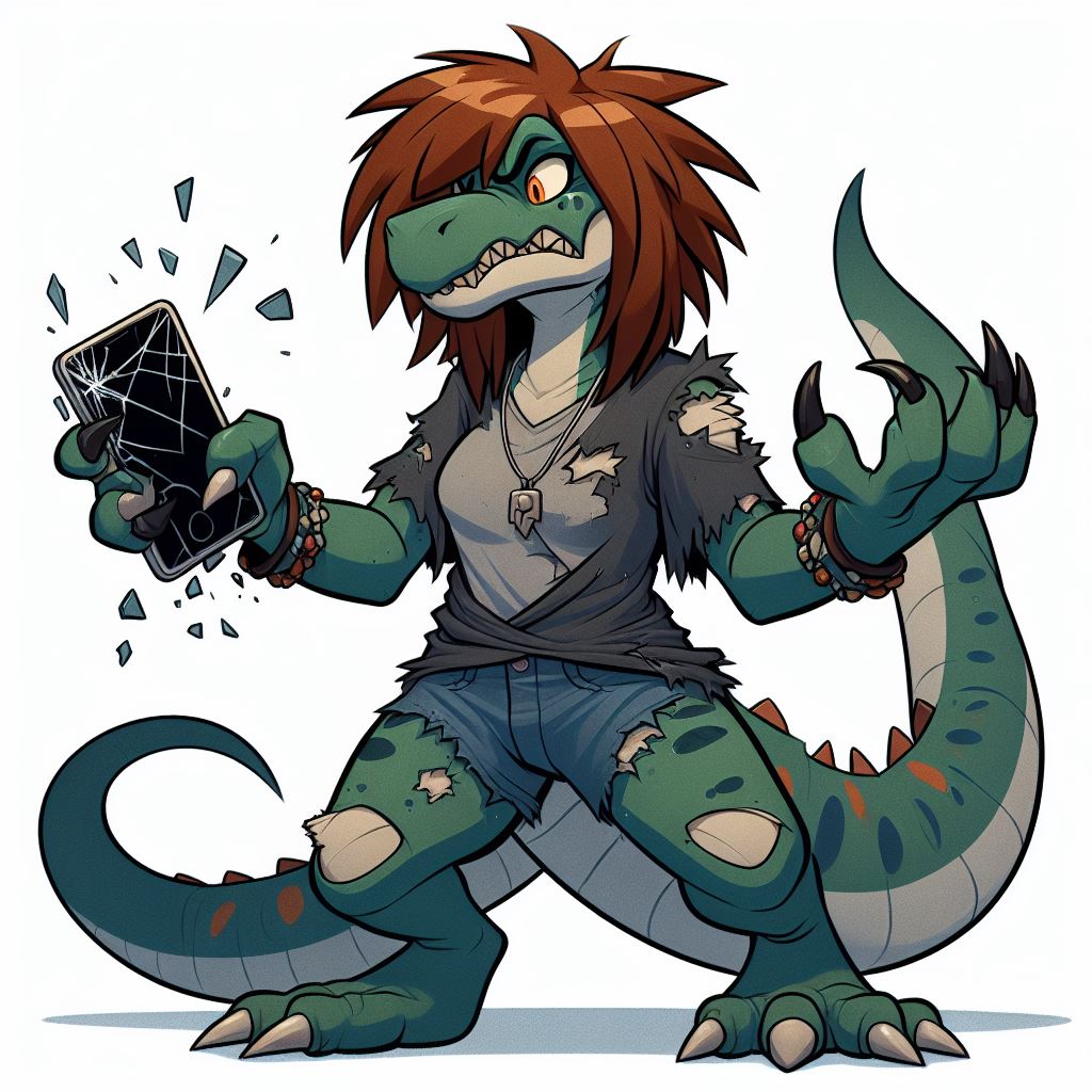 uma mulher dinossauro destruindo um smartphone